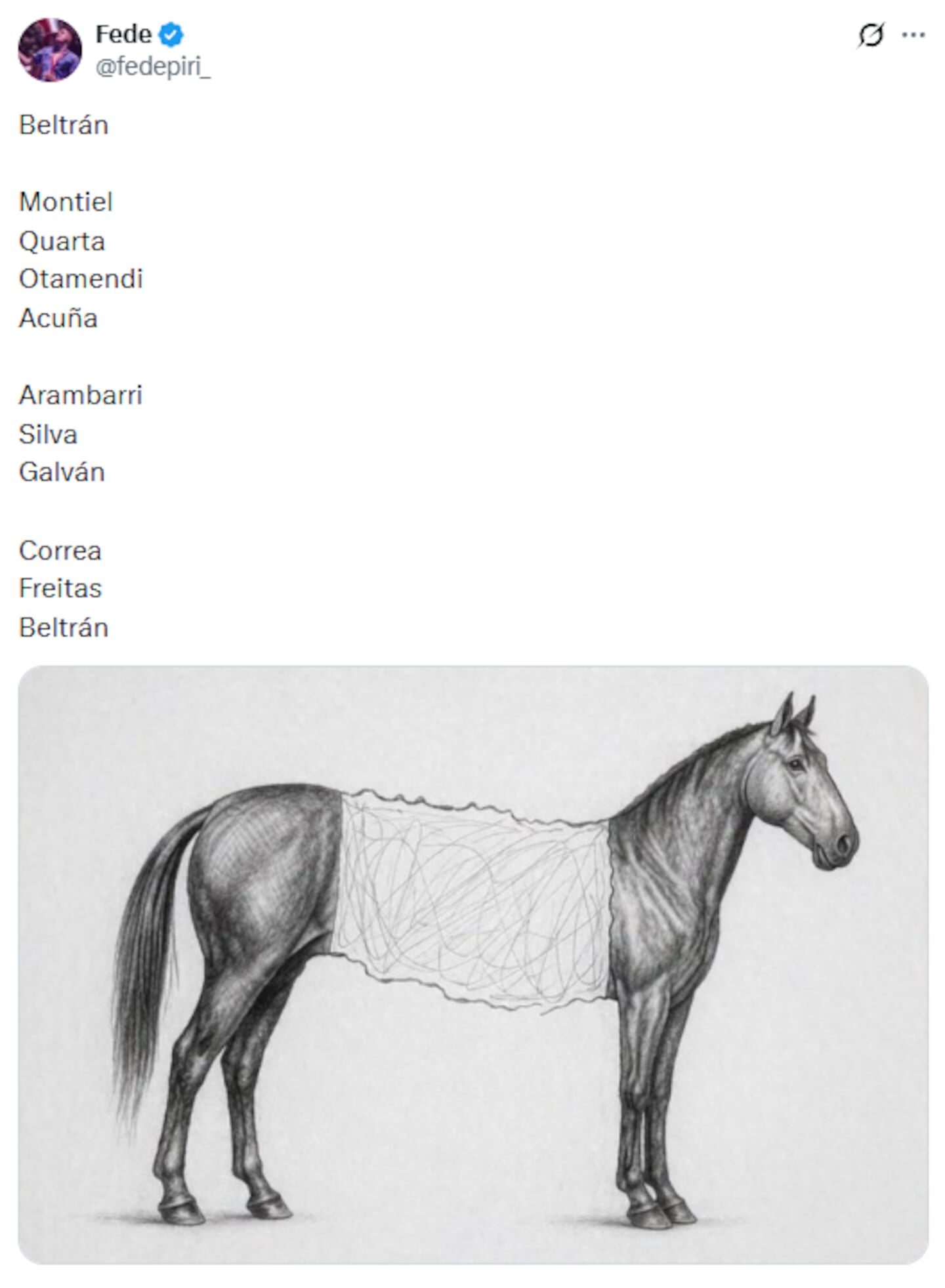 Dibujo de un caballo con líneas enredadas en su cuerpo, representando una metáfora sobre el partido entre River y Gimnasia