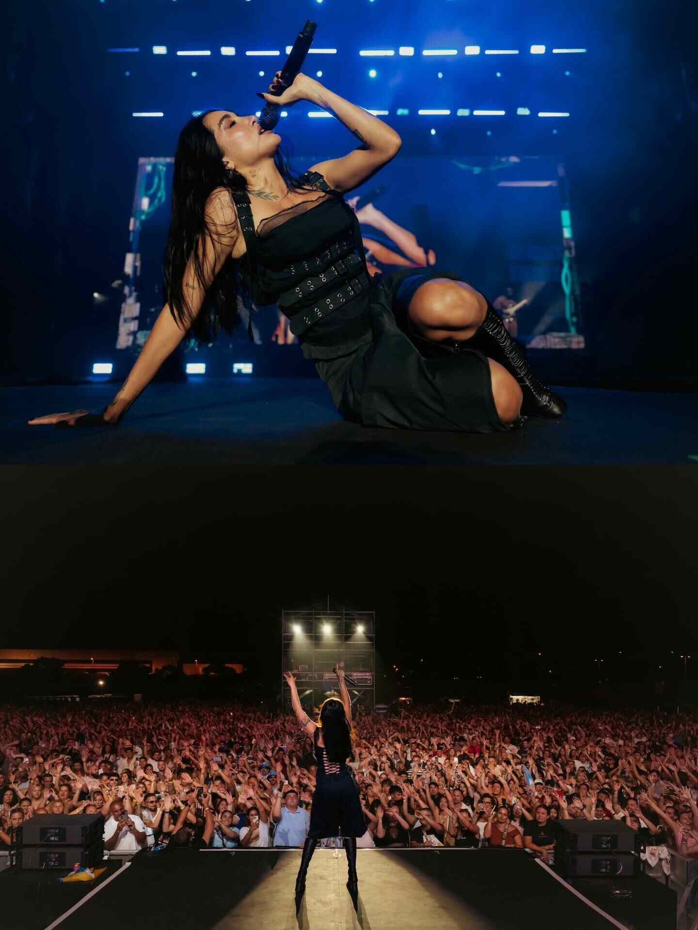 María Becerra en un escenario durante un concierto, luciendo un vestido negro y sosteniendo un micrófono
