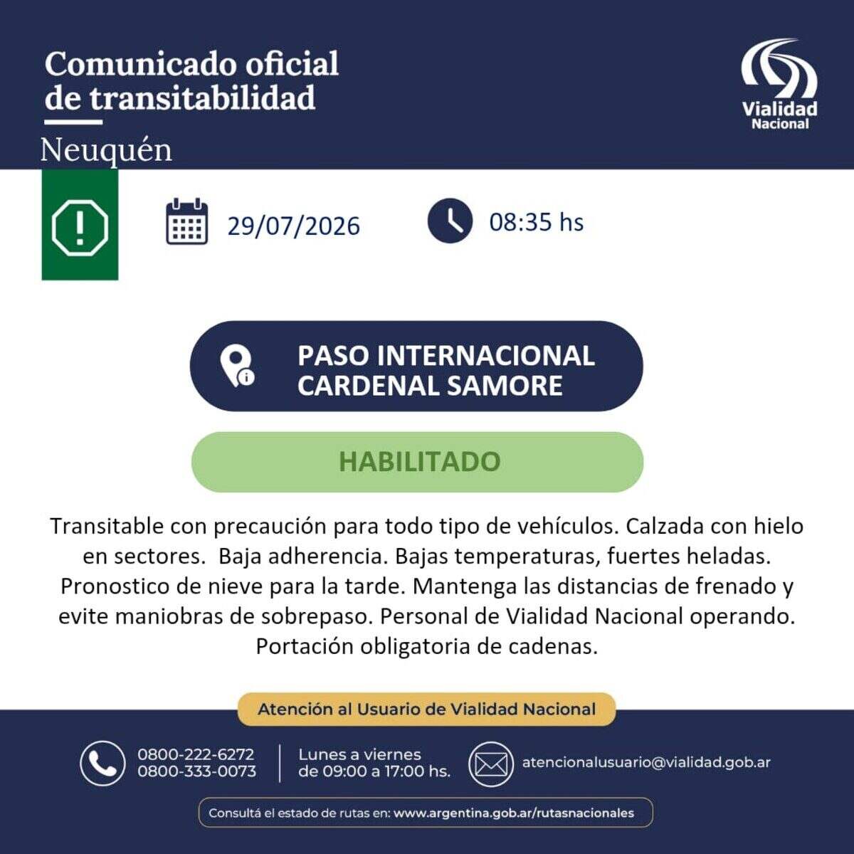 Comunicado oficial sobre el estado del Paso Internacional Cardenal Samore en Neuquén