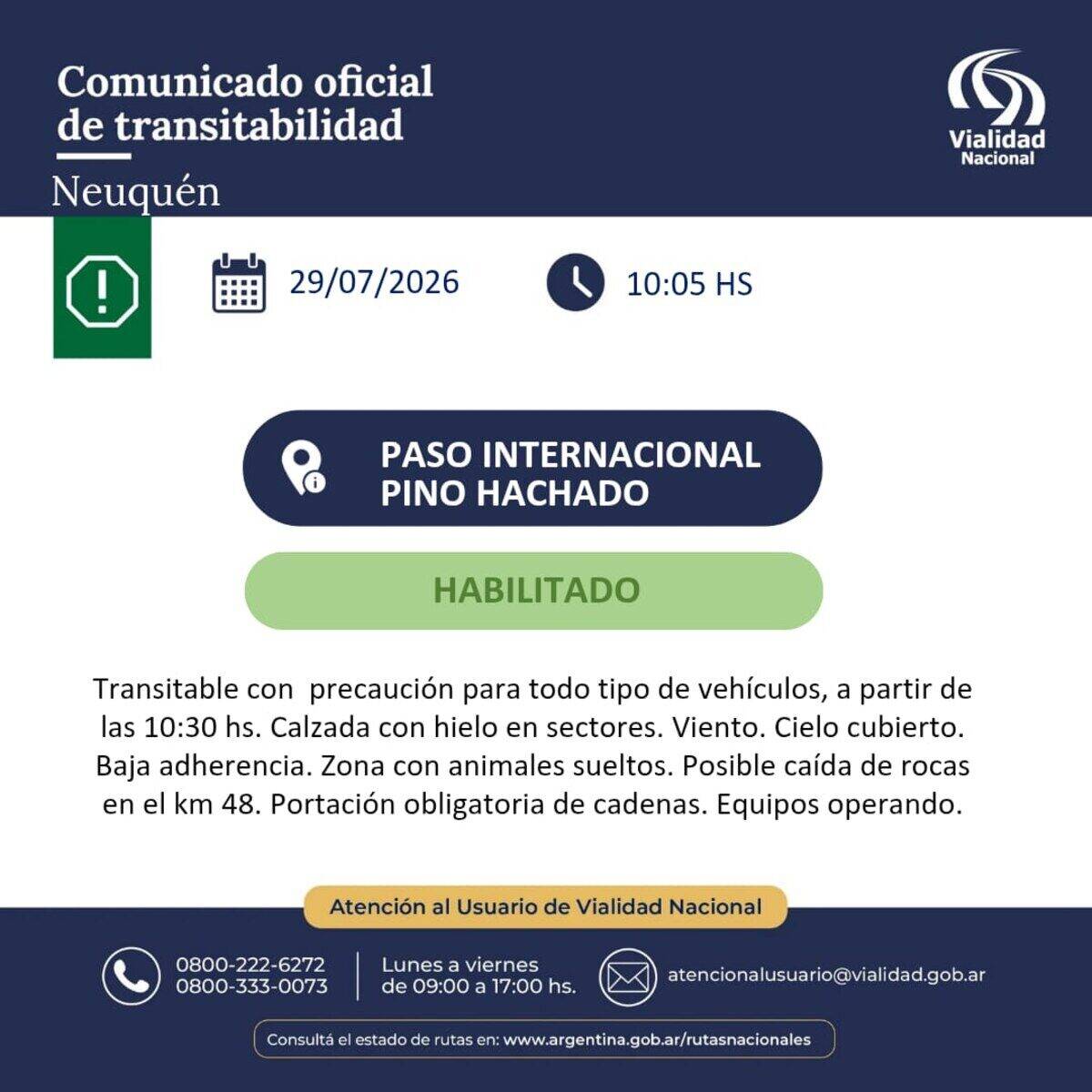 Comunicado oficial sobre el estado del Paso Internacional Pino Hachado en Neuquén