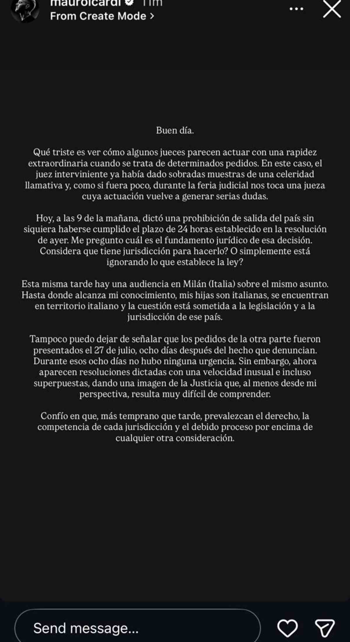 Mauro Icardi critica la justicia argentina en un mensaje escrito