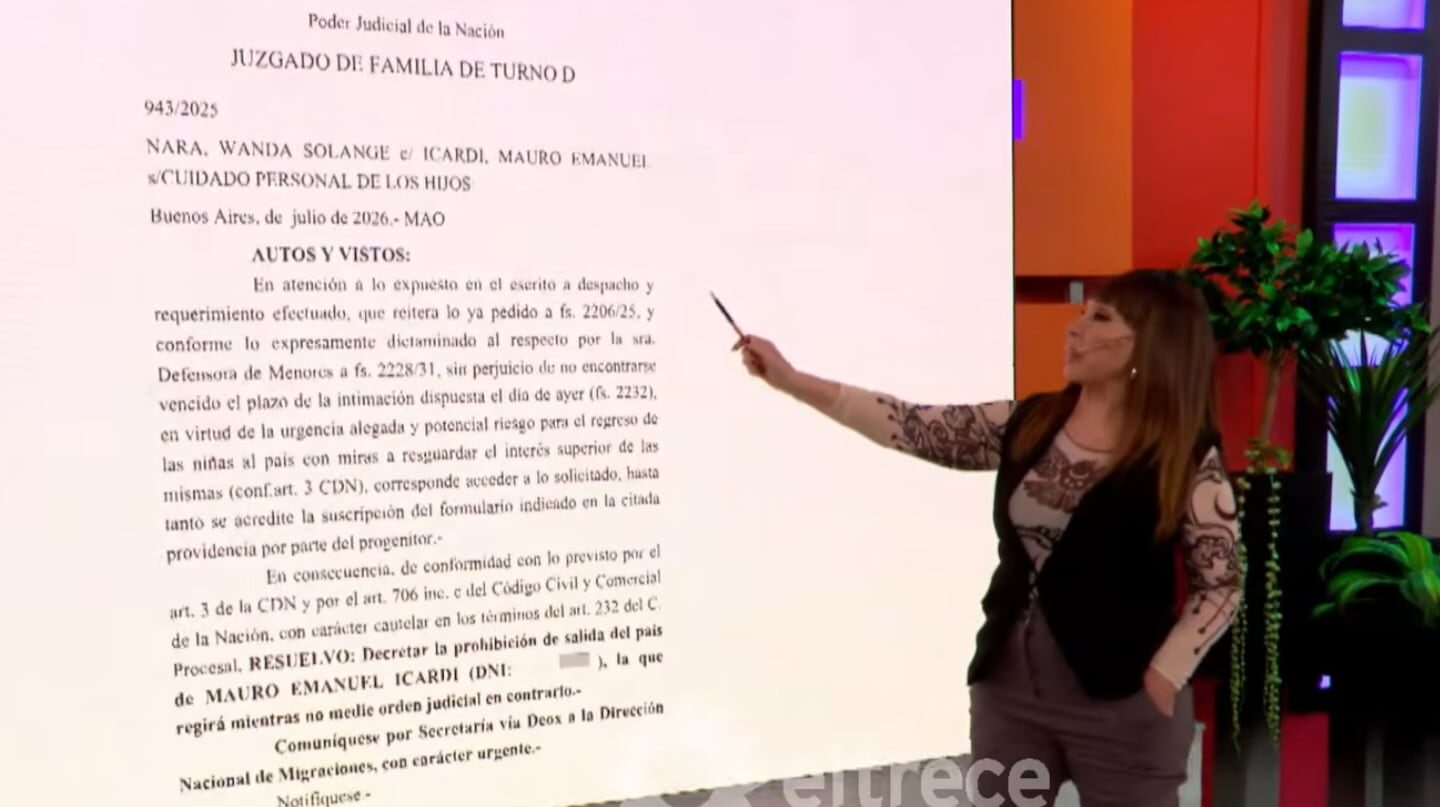 Wanda Nara señala un documento judicial en el Juzgado de Familia de Buenos Aires