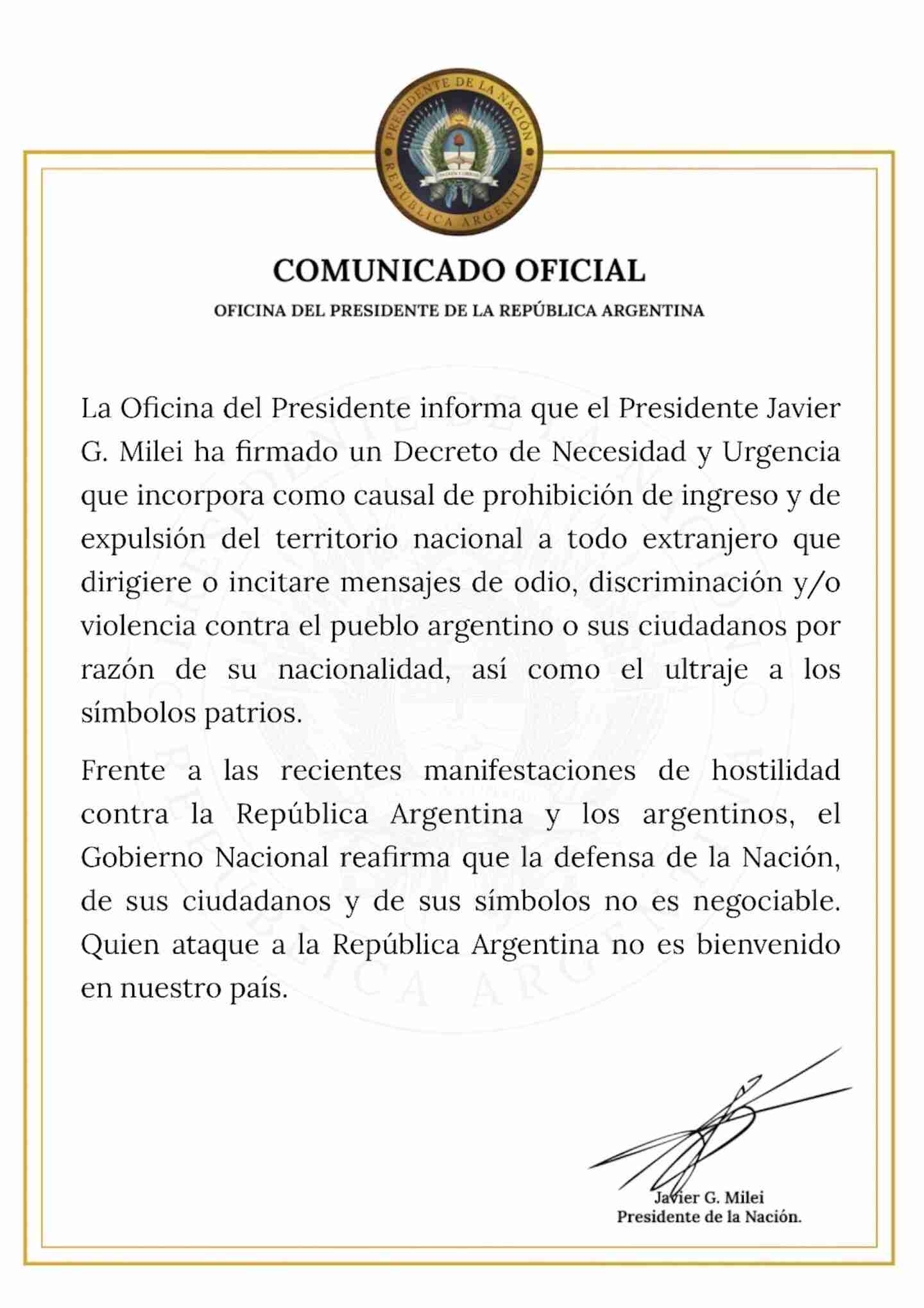 Comunicado oficial del presidente Javier Milei sobre la expulsión de extranjeros que inciten al odio