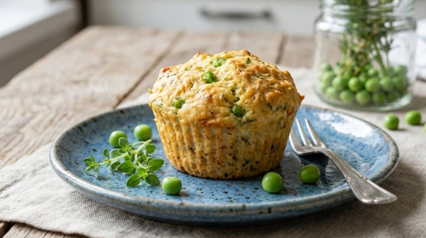 Muffin de pollo saludable con guisantes en un plato azul