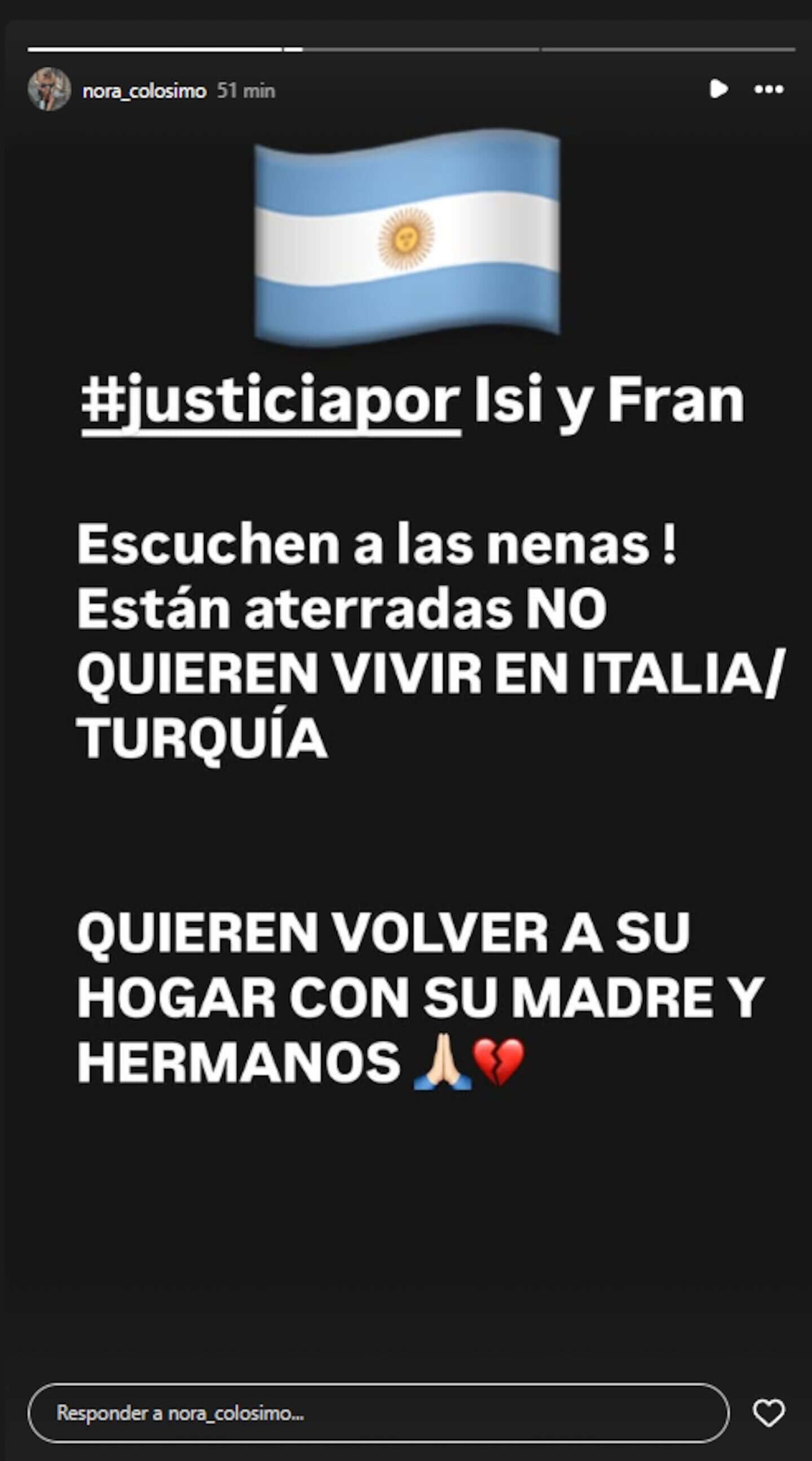 Publicación de Nora Colosimo sobre el sufrimiento de sus nietas en Turquía