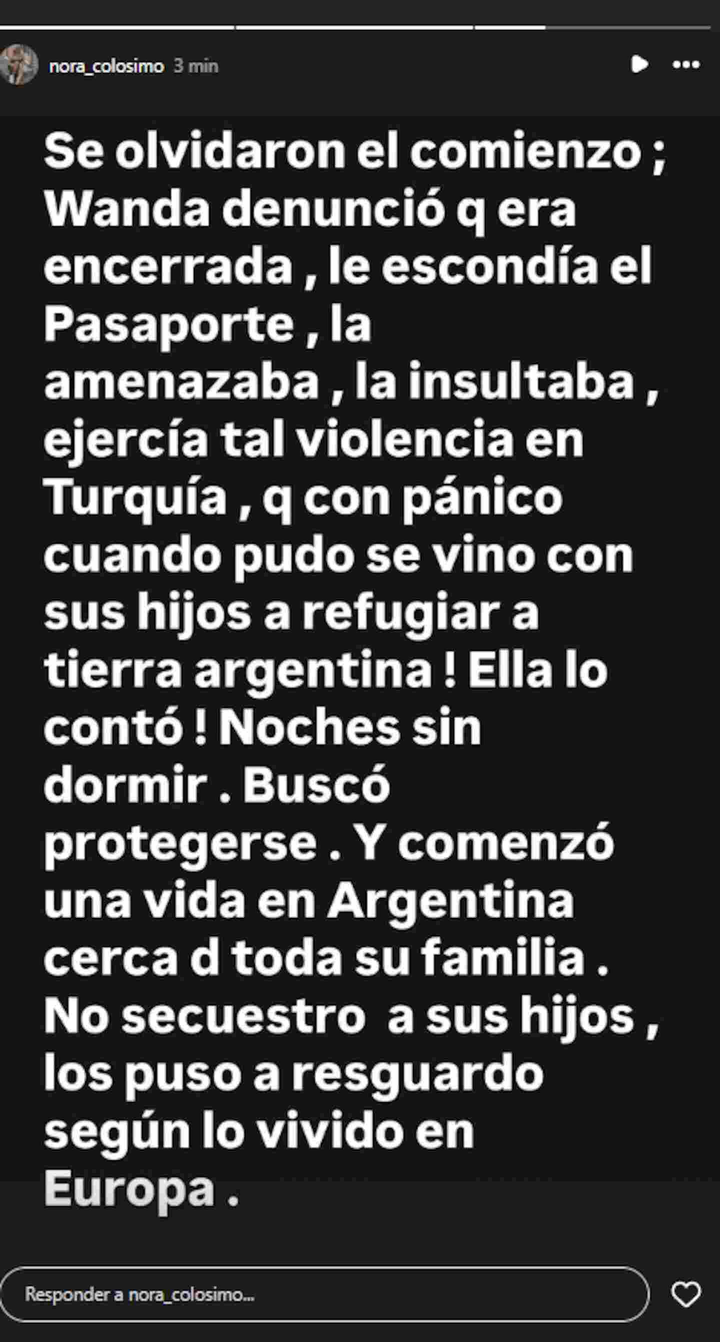 Texto de denuncia de Nora Colosimo sobre el sufrimiento de Wanda Nara en Turquía