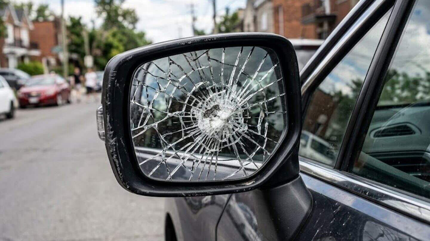 Espejo retrovisor de un auto roto en la calle