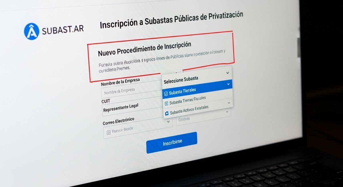 Pantalla de inscripción en el sitio SUBAST.AR para privatizaciones en Argentina