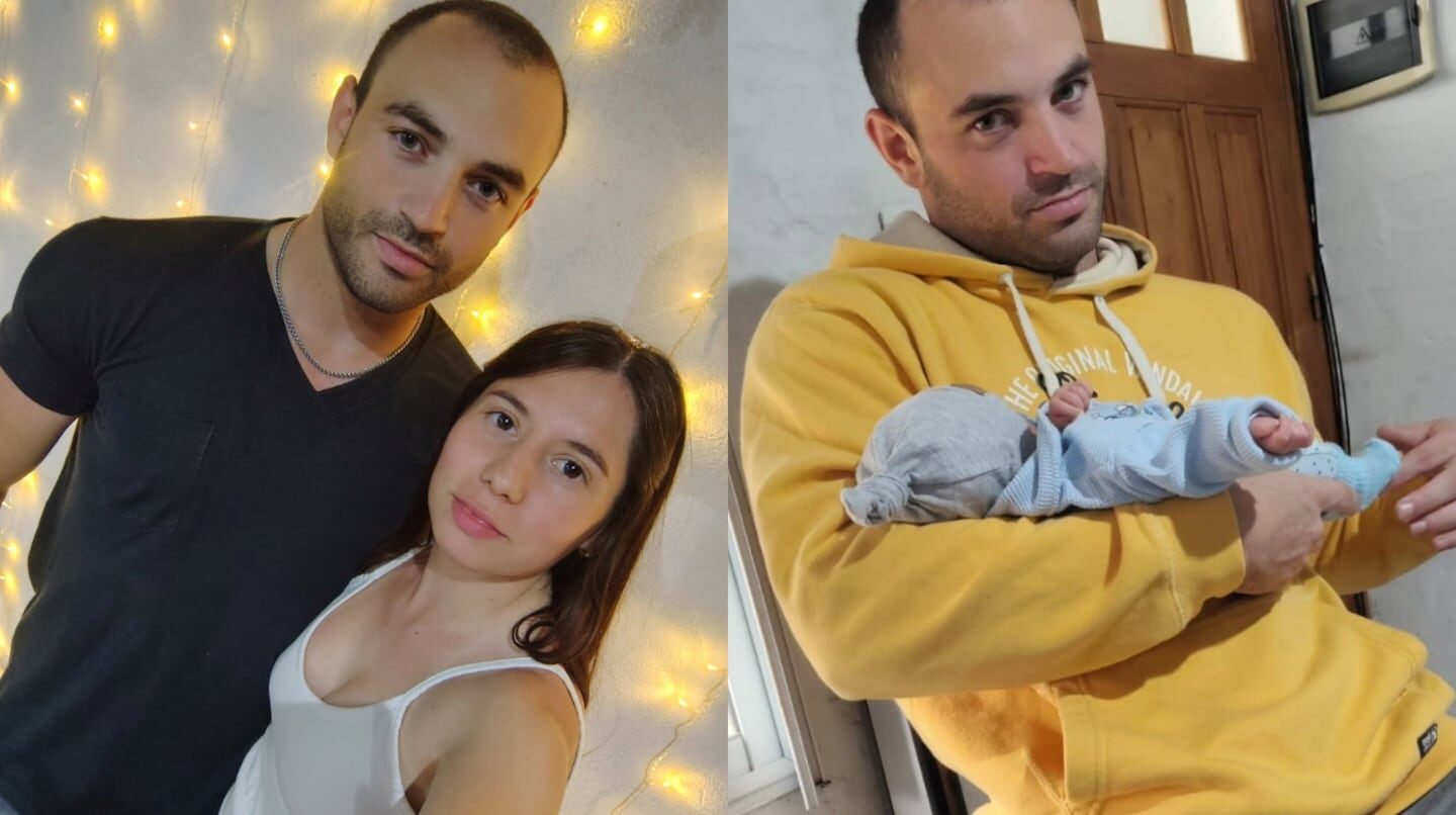 Pareja posando con un bebé en brazos y fondo iluminado