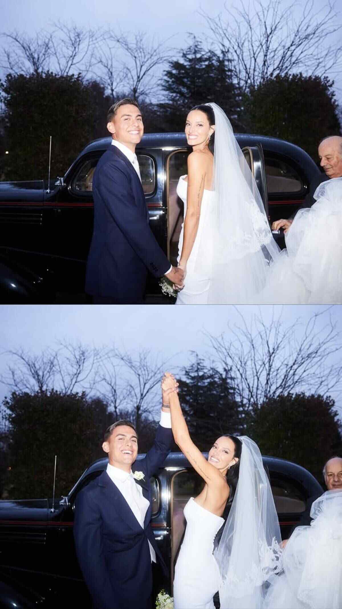 Oriana Sabatini y Paulo Dybala posando juntos en su boda
