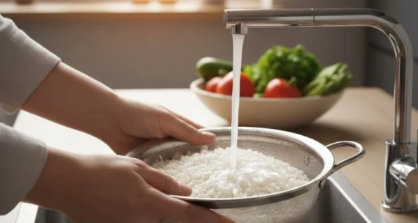 Arroz lavado en un recipiente