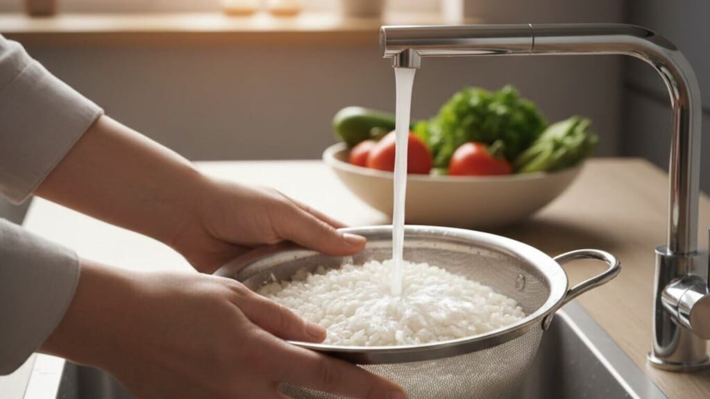 Arroz lavado en un recipiente