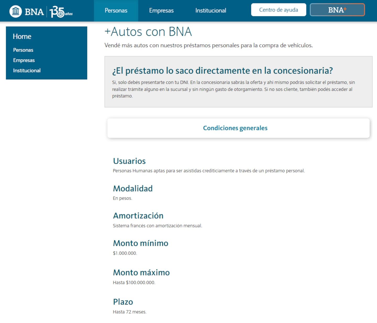 Página web del Banco de la Nación Argentina sobre préstamos para la compra de autos 0 km
