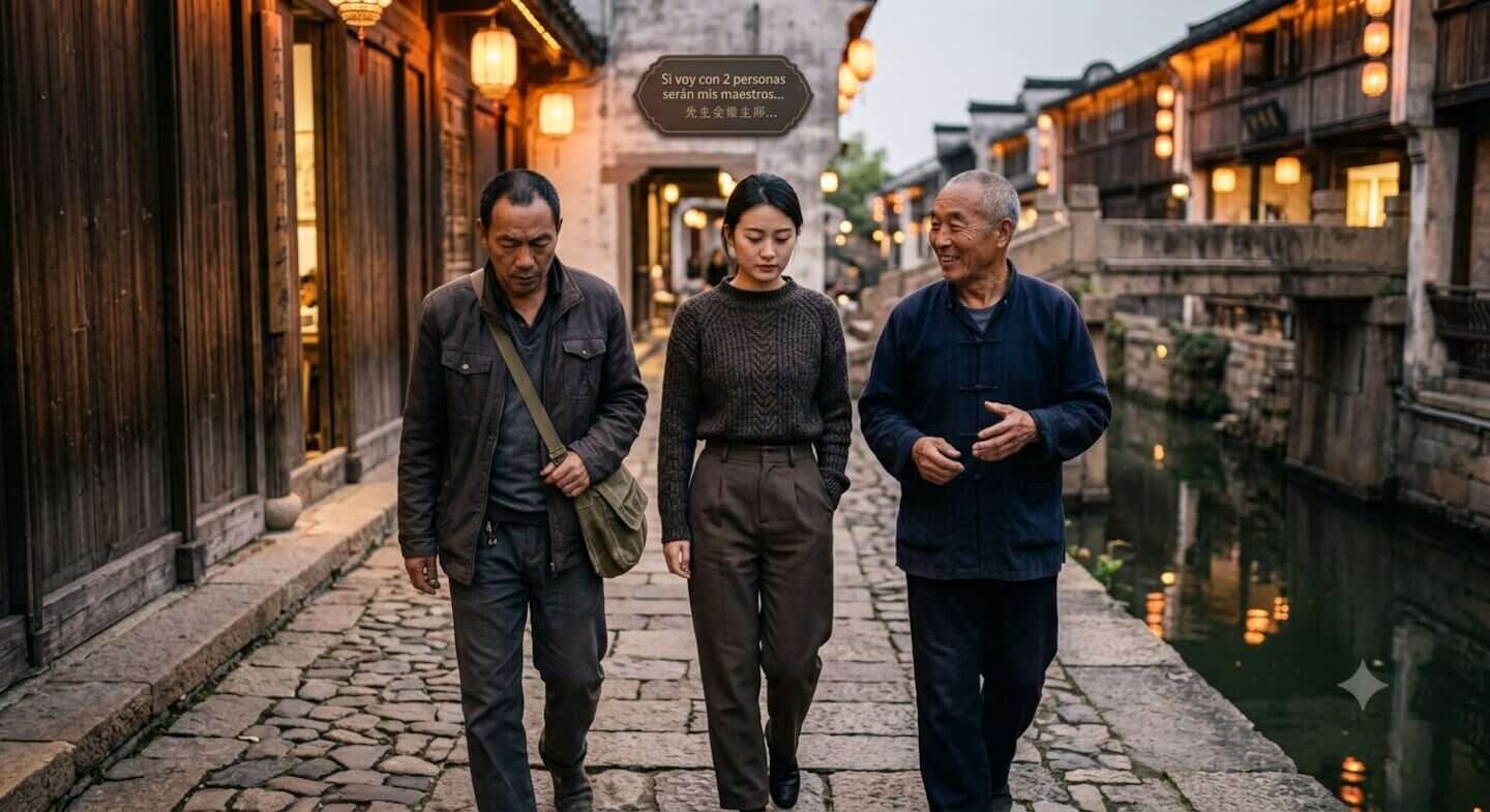 Tres personas caminando por un antiguo callejón junto a un canal en una ciudad china