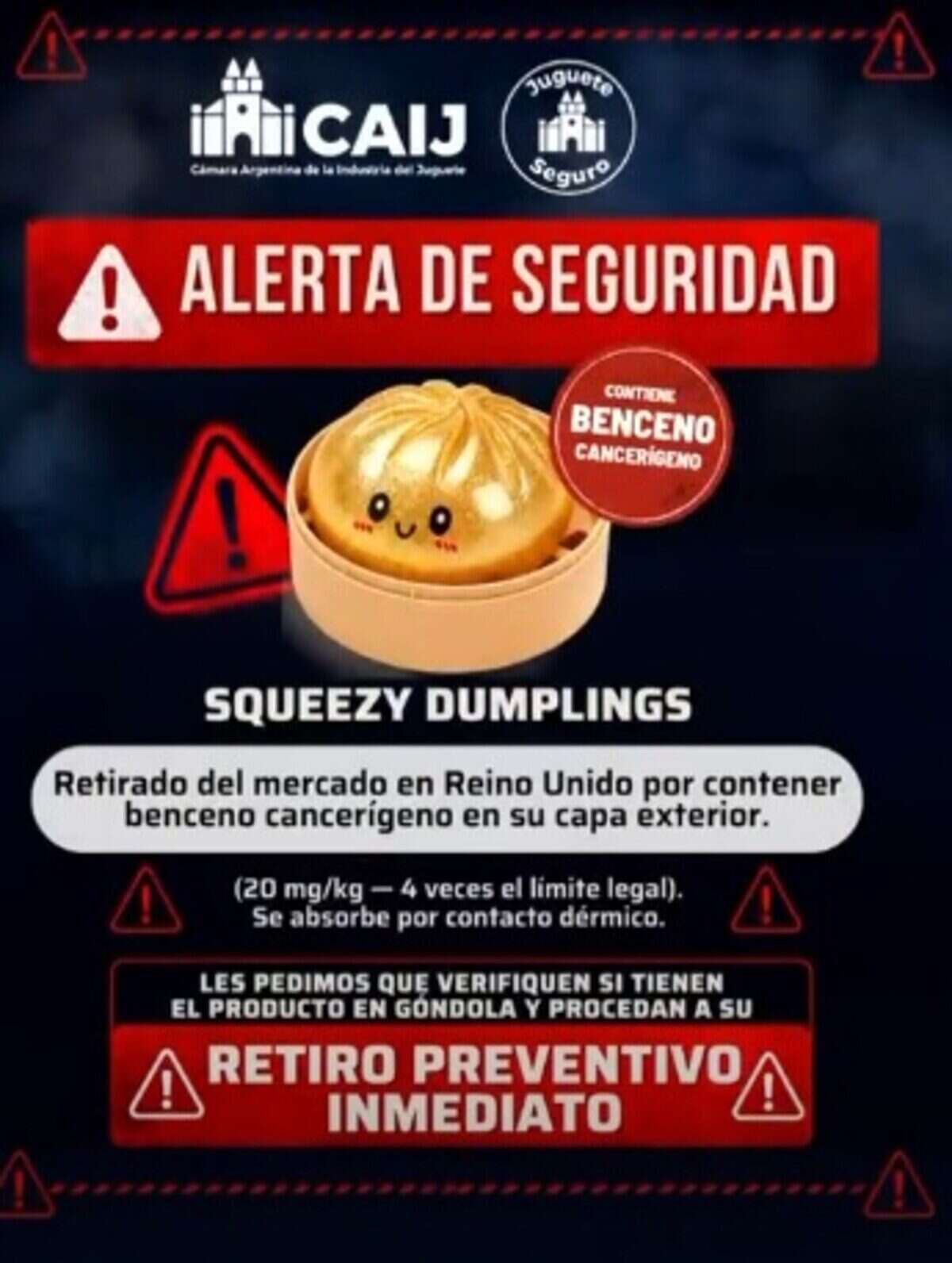 Alerta de seguridad sobre el juguete Squeezy Dumpling por riesgo de benceno en Argentina
