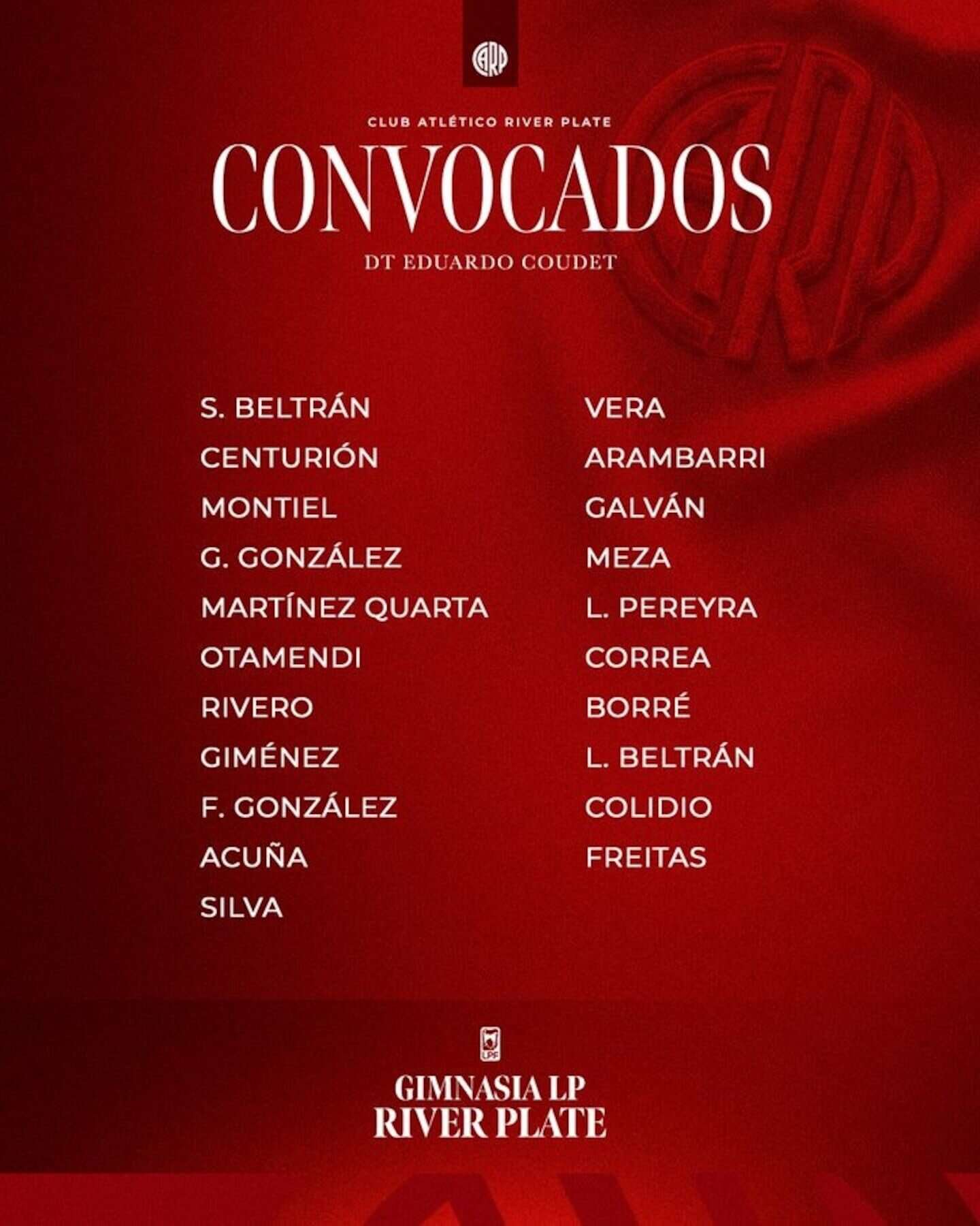 Lista de convocados de River Plate para el partido contra Gimnasia