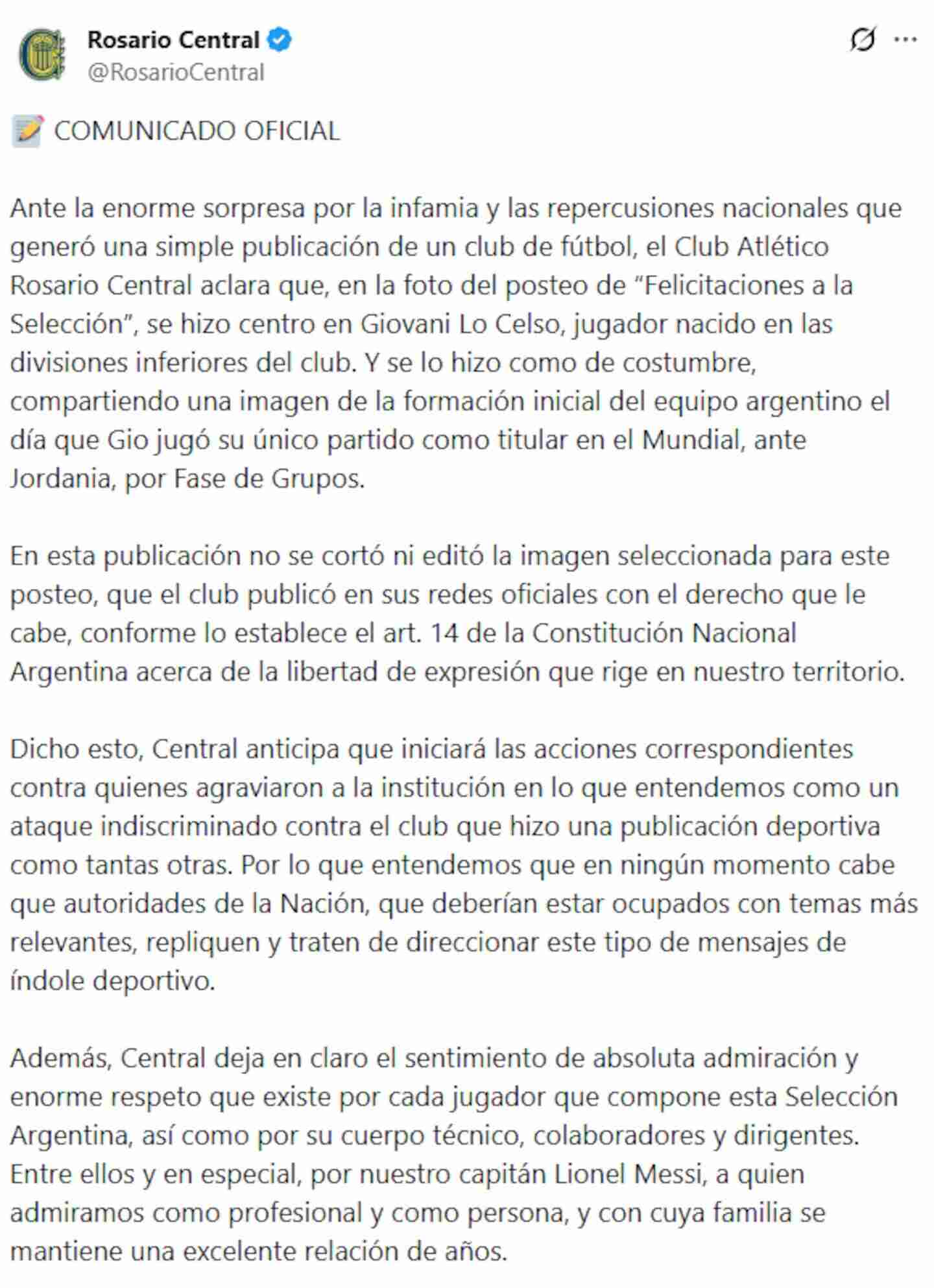 Publicación oficial de Rosario Central sobre homenaje a la Selección argentina