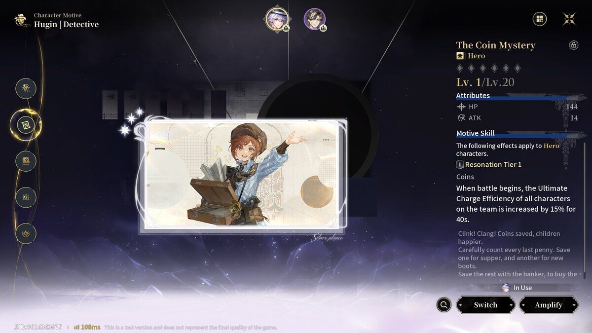 Captura de pantalla del RPG Silver Palace mostrando un personaje llamado Hugin en la sección de habilidades