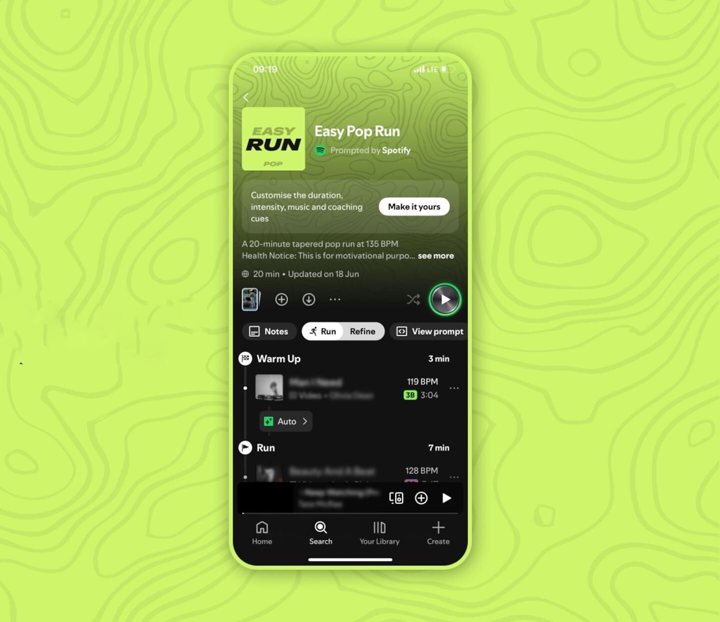 Interfaz de la aplicación Spotify mostrando el nuevo modo Easy Run para runners