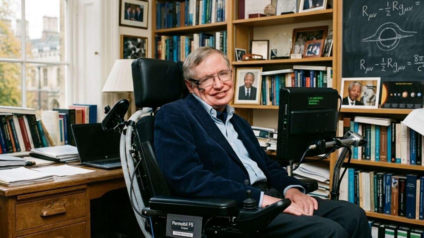 Stephen Hawking sonriendo en su silla de ruedas en su oficina llena de libros y notas científicas