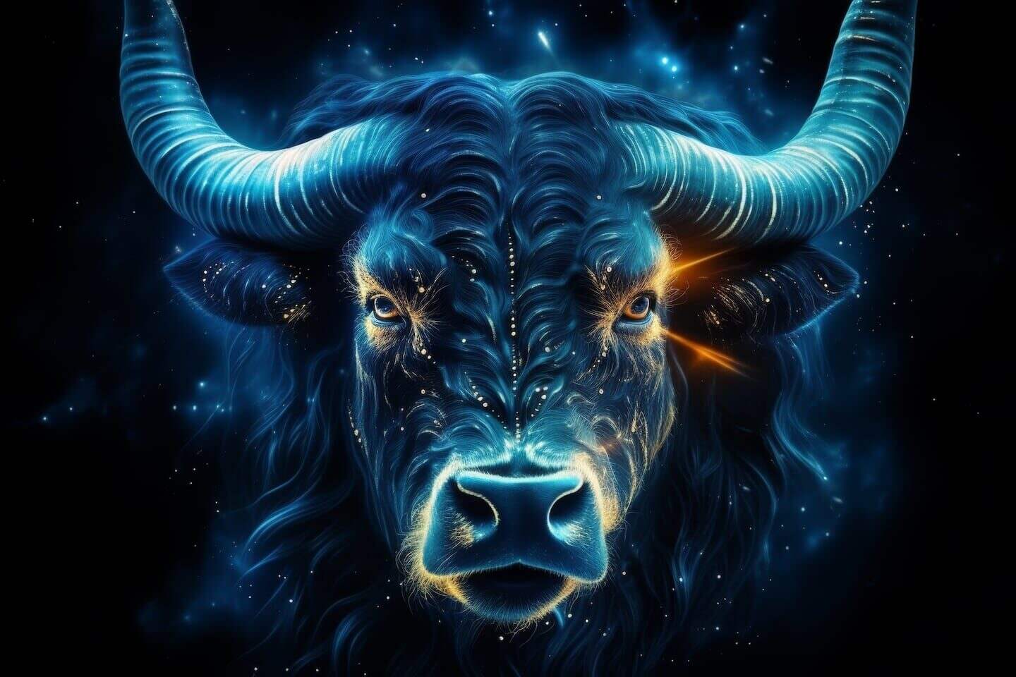 Cabeza de un toro con un fondo estrellado y efectos de luz azul