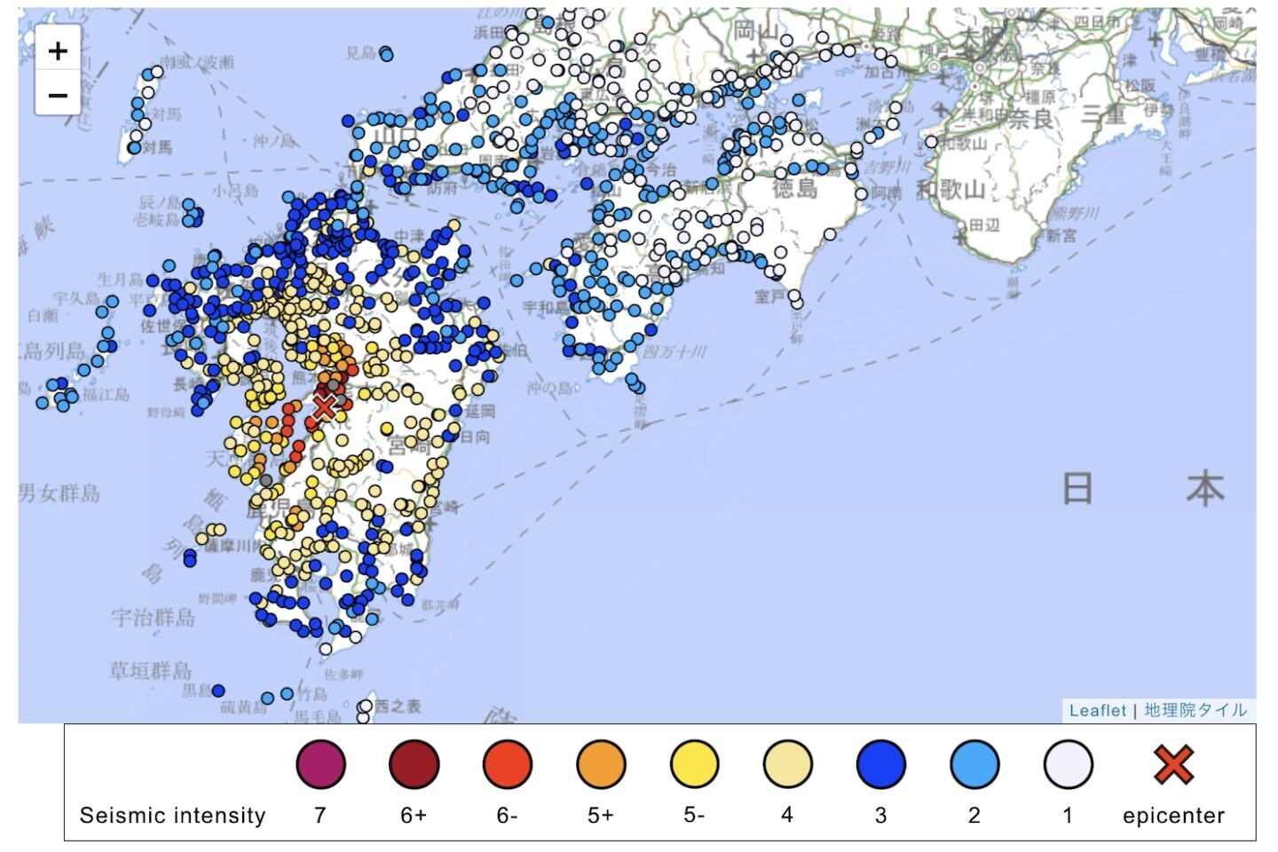 Mapa de intensidad sísmica del terremoto en Japón con epicentro en Kumamoto