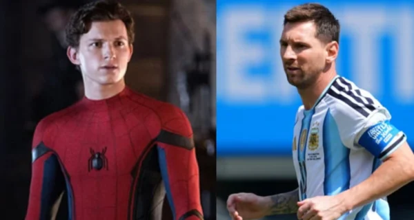 Tom Holland y Lionel Messi durante su encuentro
