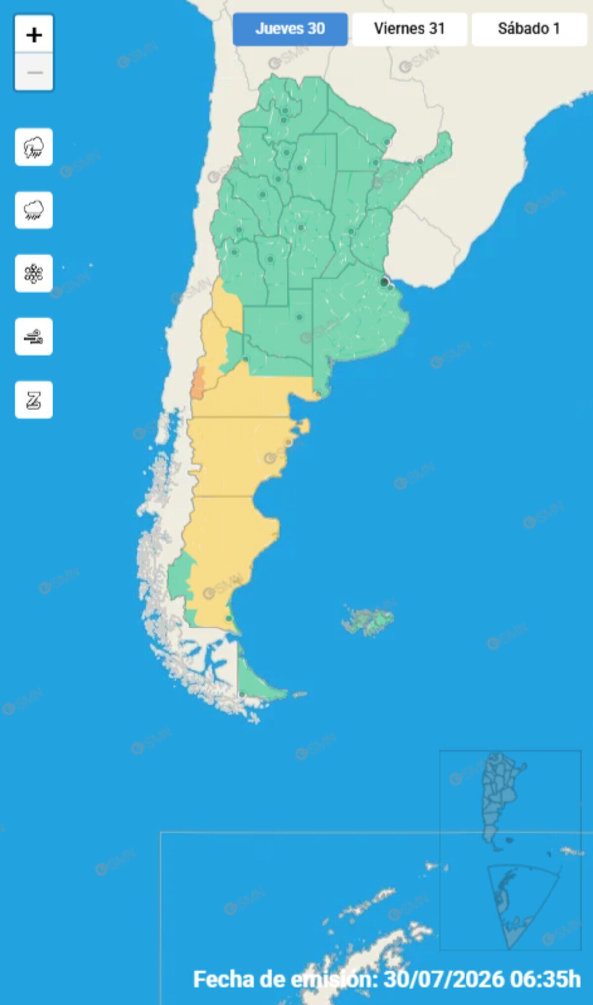 Mapa del Área Metropolitana de Buenos Aires con alertas meteorológicas