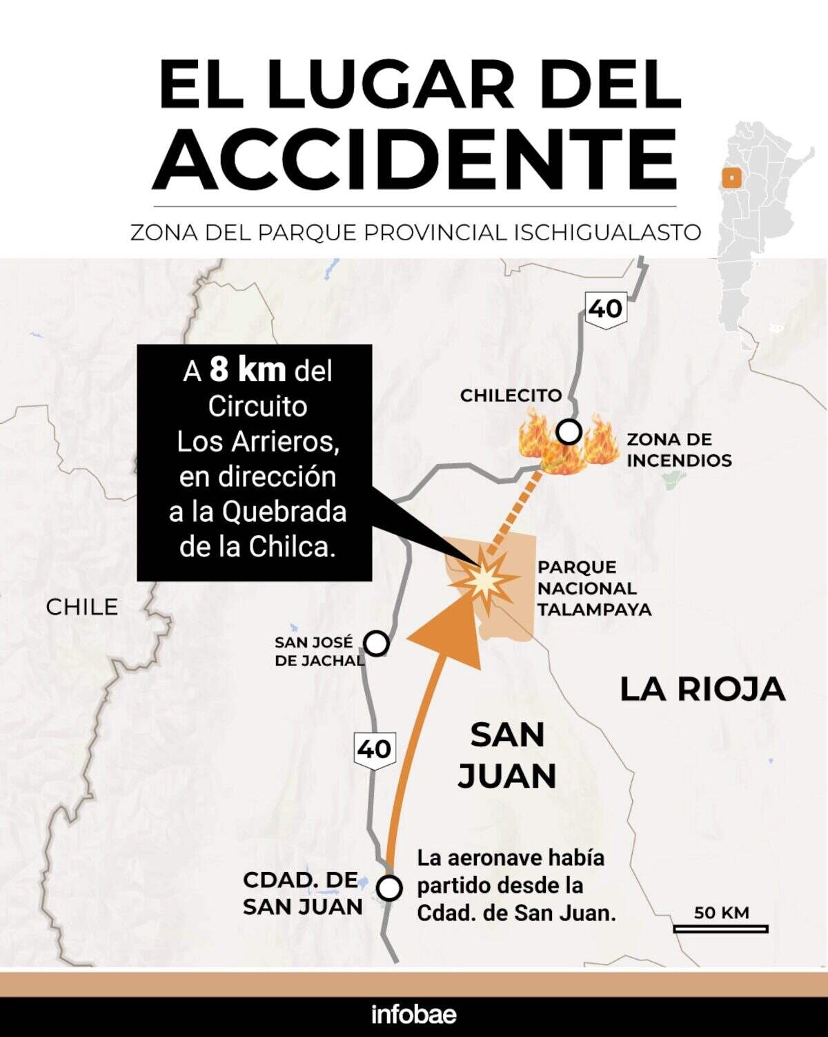 Mapa que muestra la ubicación del accidente del helicóptero en San Juan, Argentina