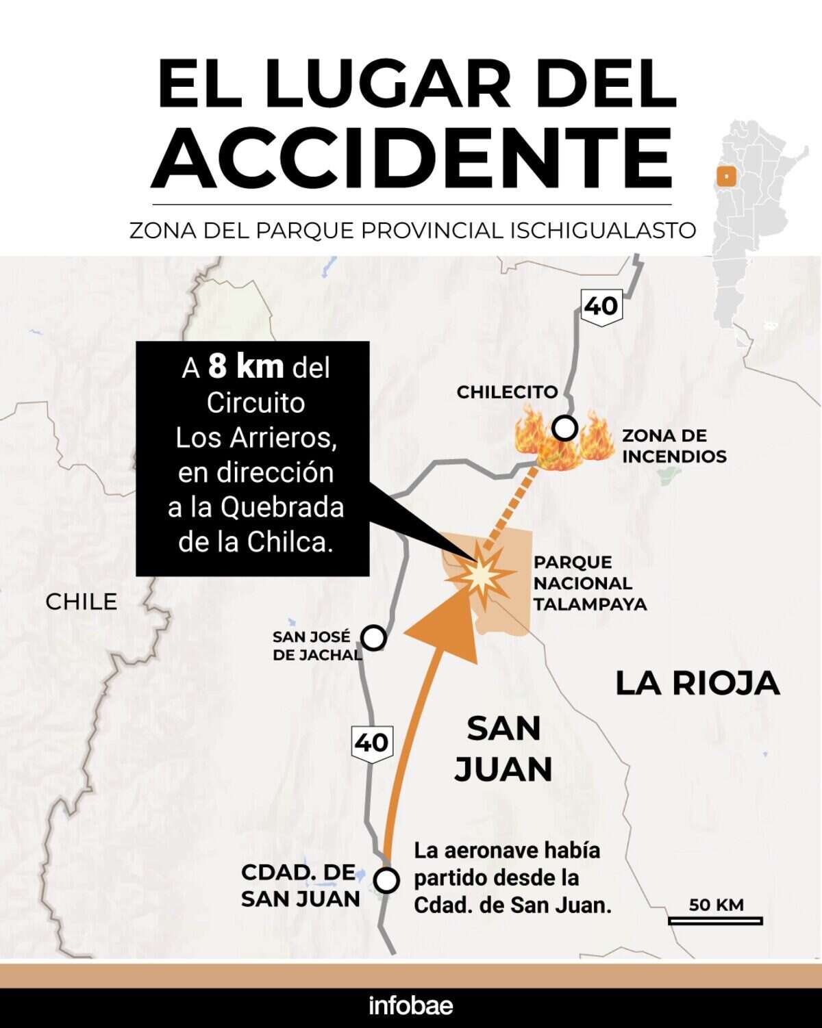 Mapa que muestra la ubicación del accidente aéreo en San Juan, Argentina