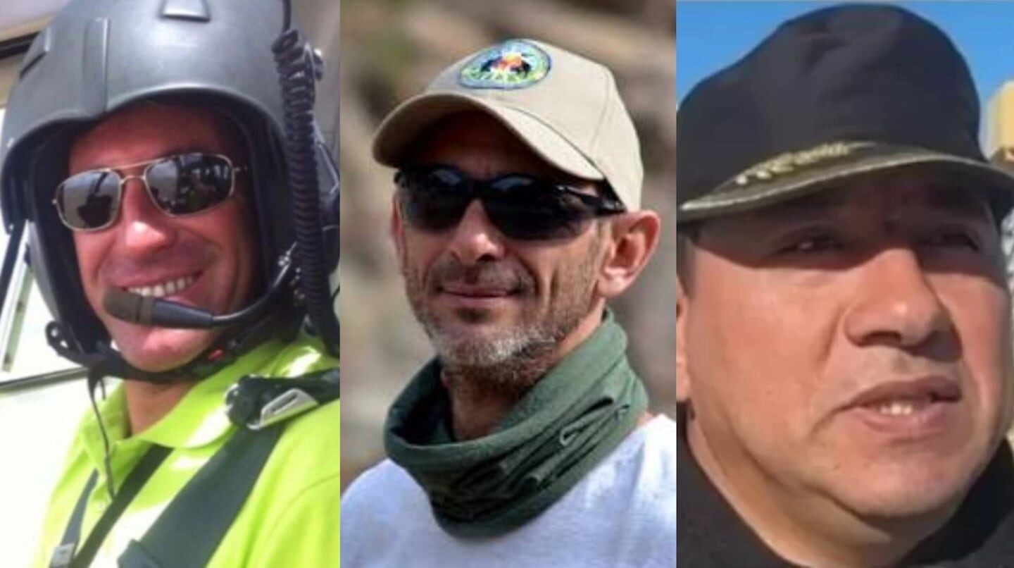 Tres hombres en diferentes uniformes, posiblemente relacionados con un accidente de helicóptero en San Juan
