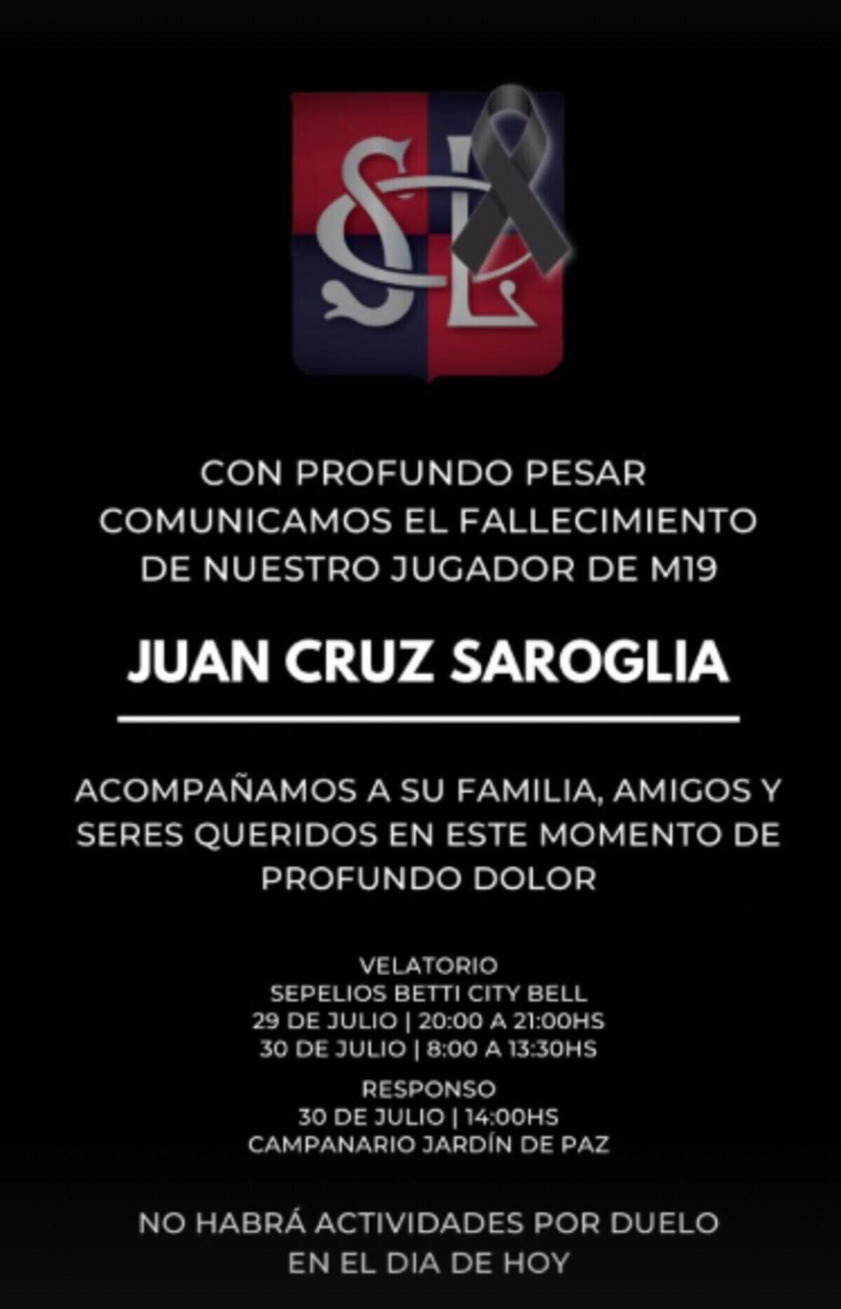Anuncio de fallecimiento de Juan Cruz Saroglia, jugador de rugby de 18 años