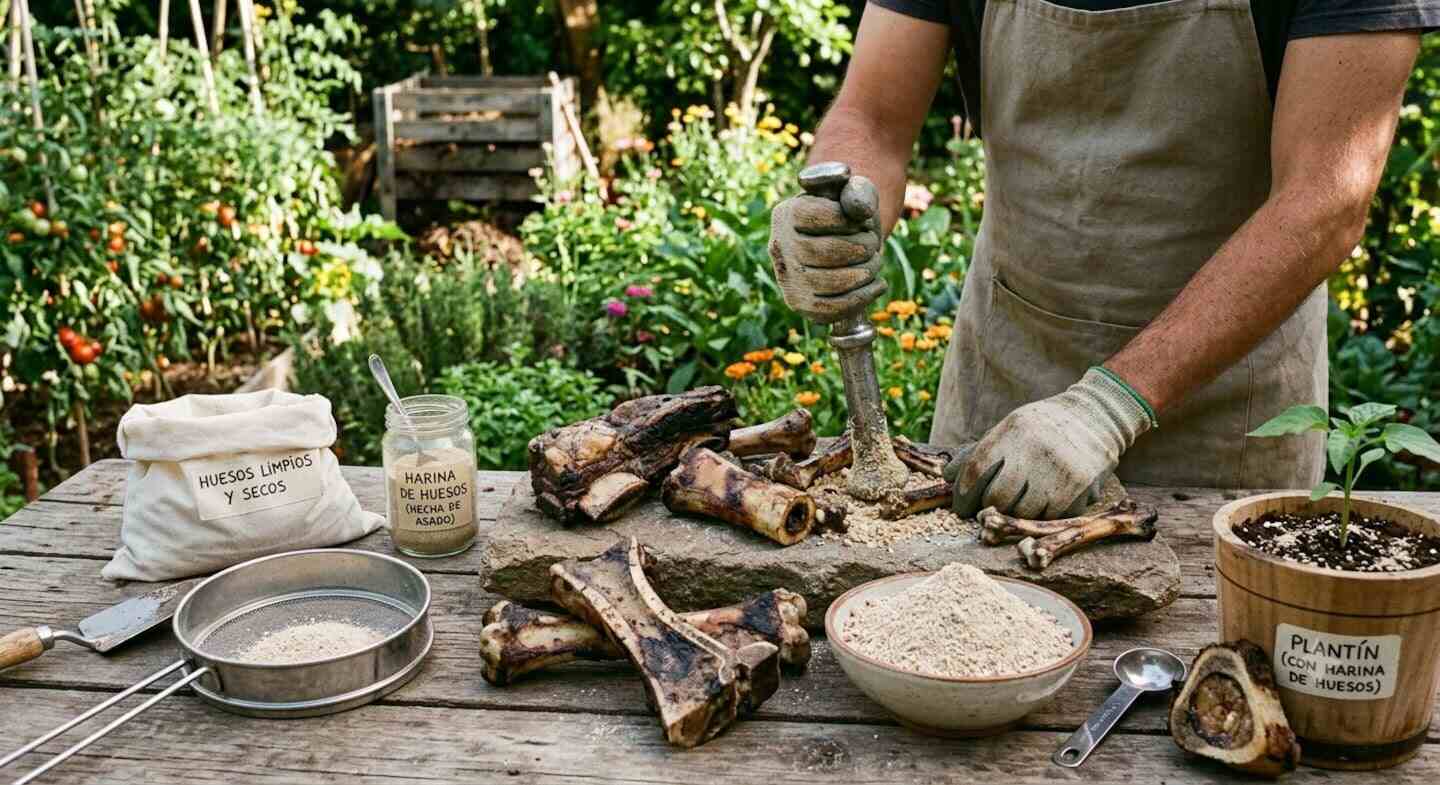 Persona triturando huesos de asado en un jardín para reutilizarlos
