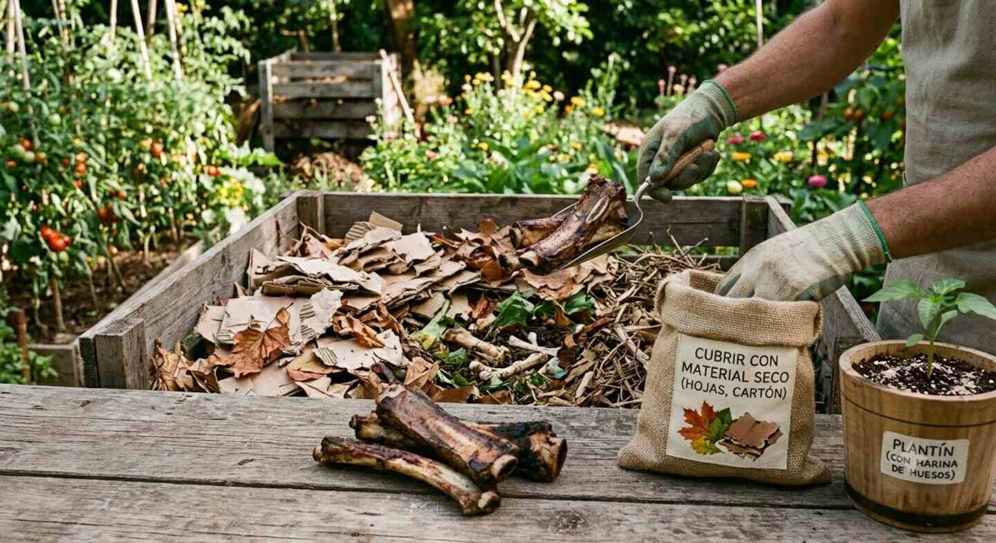 Hombre reutilizando huesos de asado en un jardín