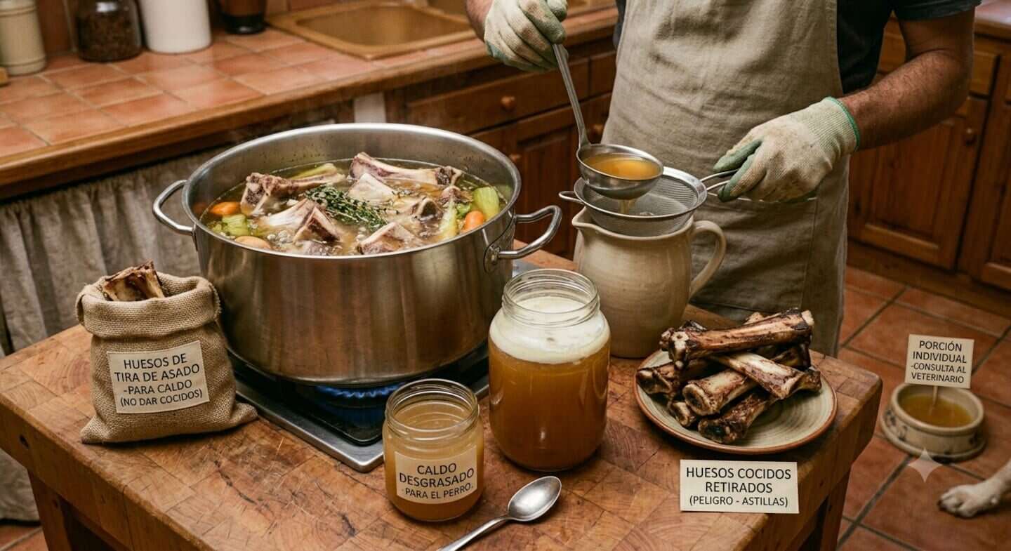 Preparación de caldo con huesos de asado en una cocina