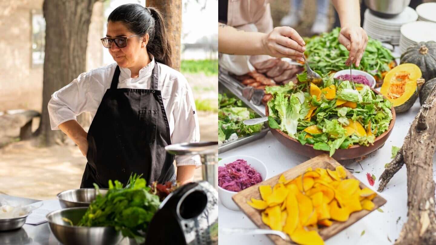 Chef preparando ensaladas con ingredientes frescos en un restaurante argentino