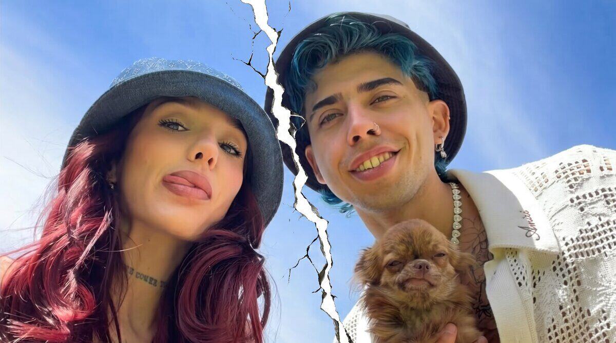La Joaqui y Luck Ra posando juntos con un perro, con un efecto de ruptura en la imagen