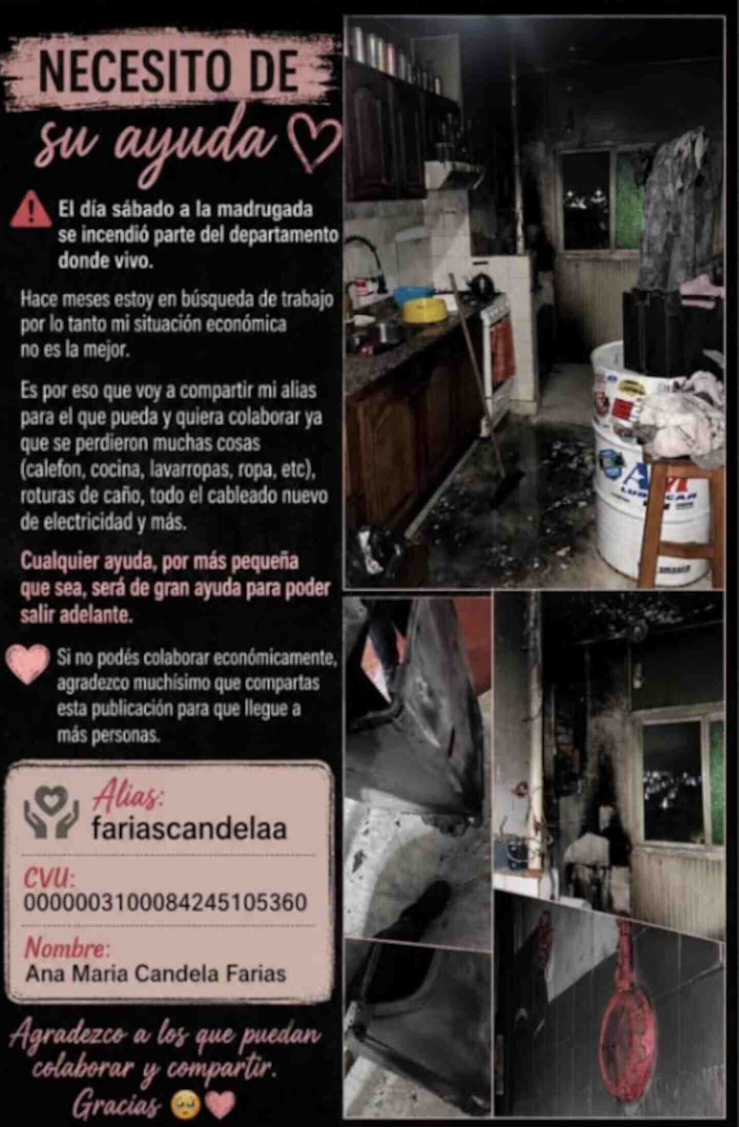 Solicitud de ayuda tras un incendio en un departamento en Wilde