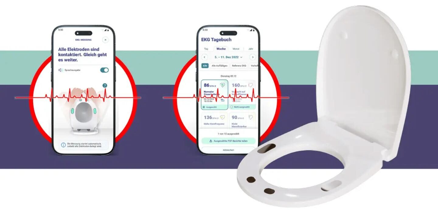 Inodoro inteligente con pantalla que muestra datos de salud y electrocardiograma