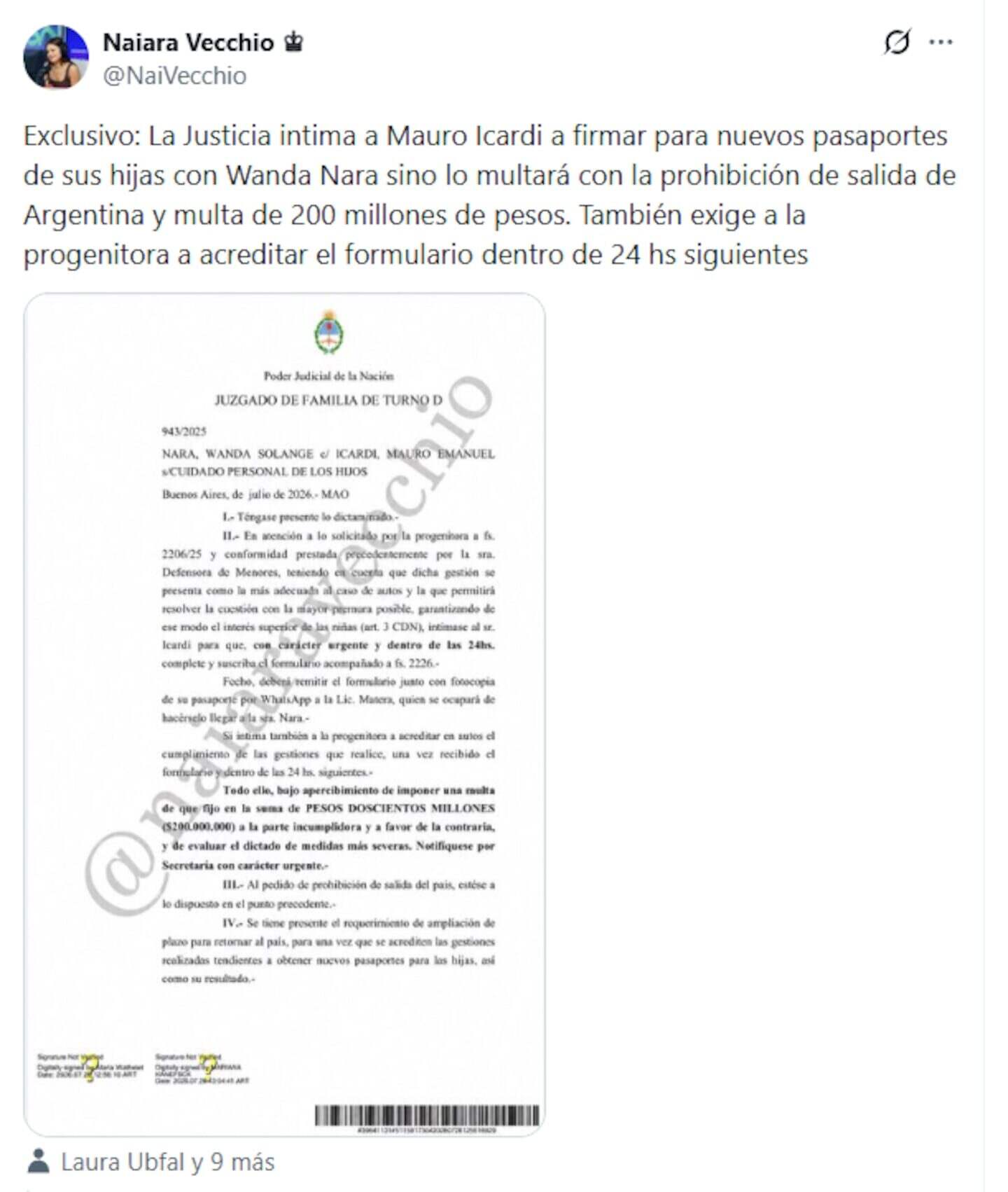 Notificación judicial sobre la multa impuesta a Mauro Icardi por Wanda Nara