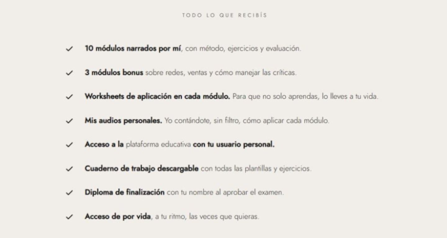 Contenido del curso online de Wanda Nara con módulos y beneficios destacados