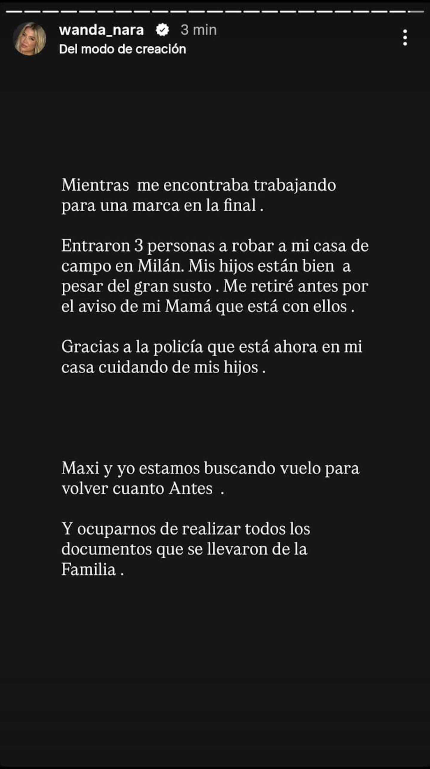 Wanda Nara comparte un mensaje sobre el robo en su casa en Milán mientras sus hijos estaban presentes