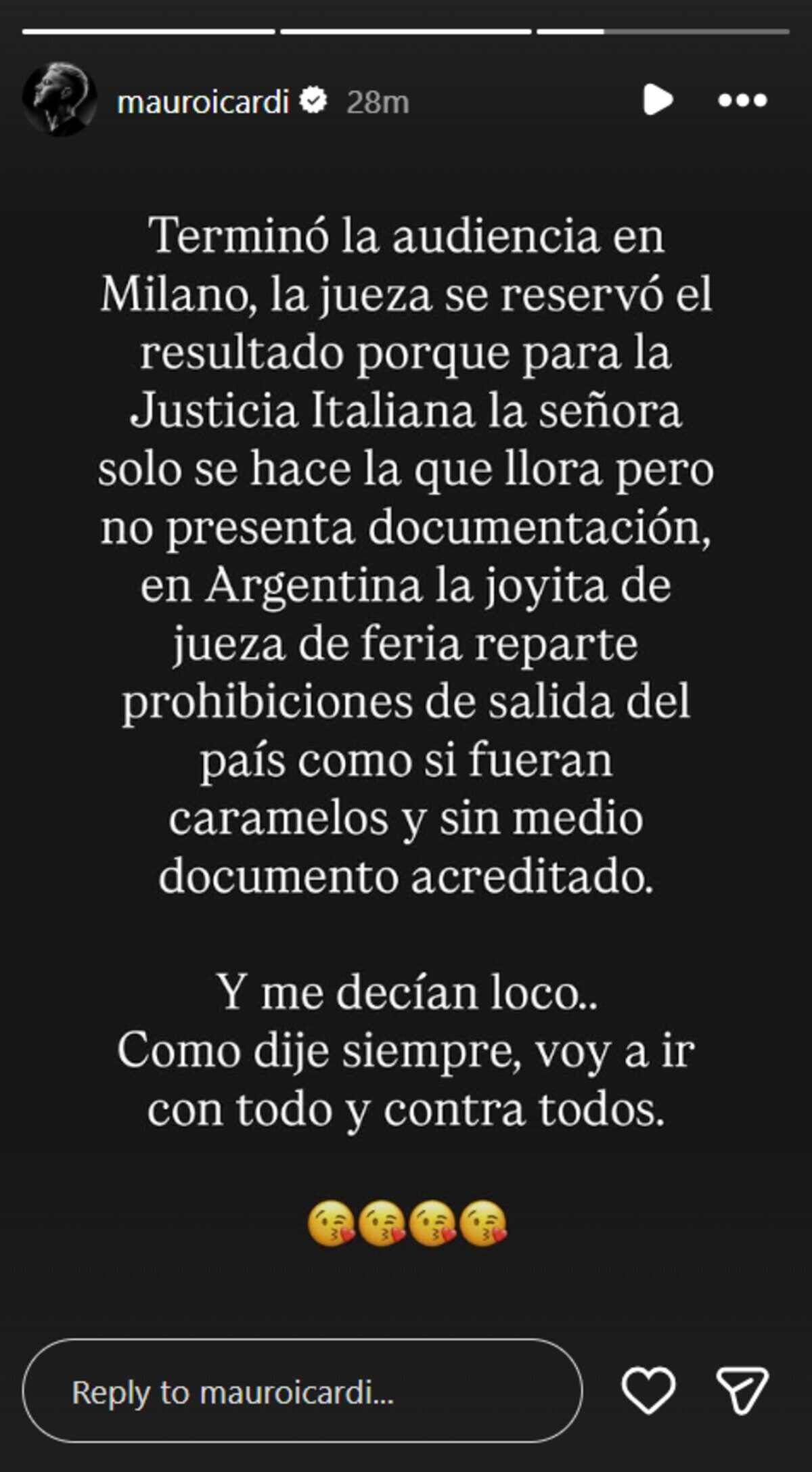 Publicación de Mauro Icardi sobre la audiencia judicial en Milán relacionada con Wanda Nara