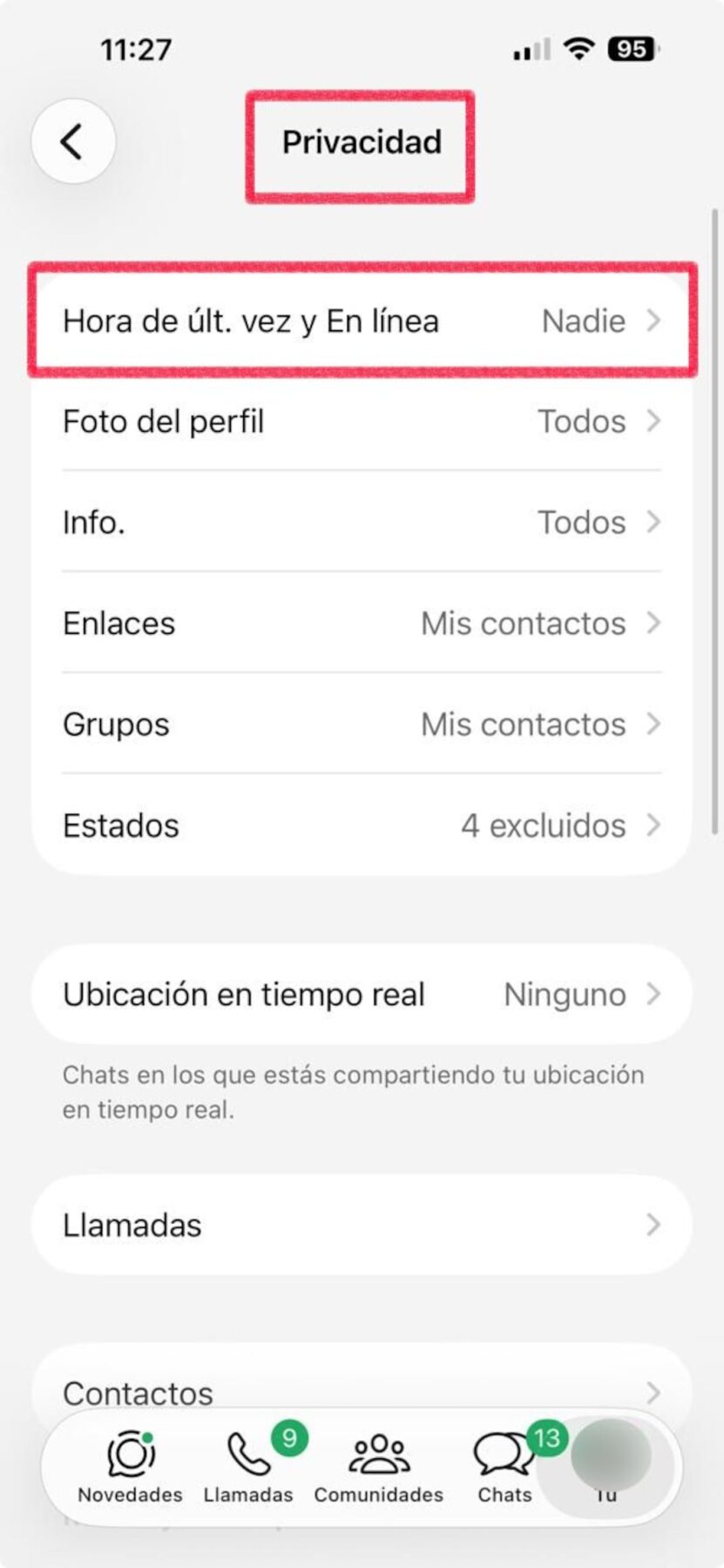 Configuración de privacidad en WhatsApp mostrando la opción de estado en línea