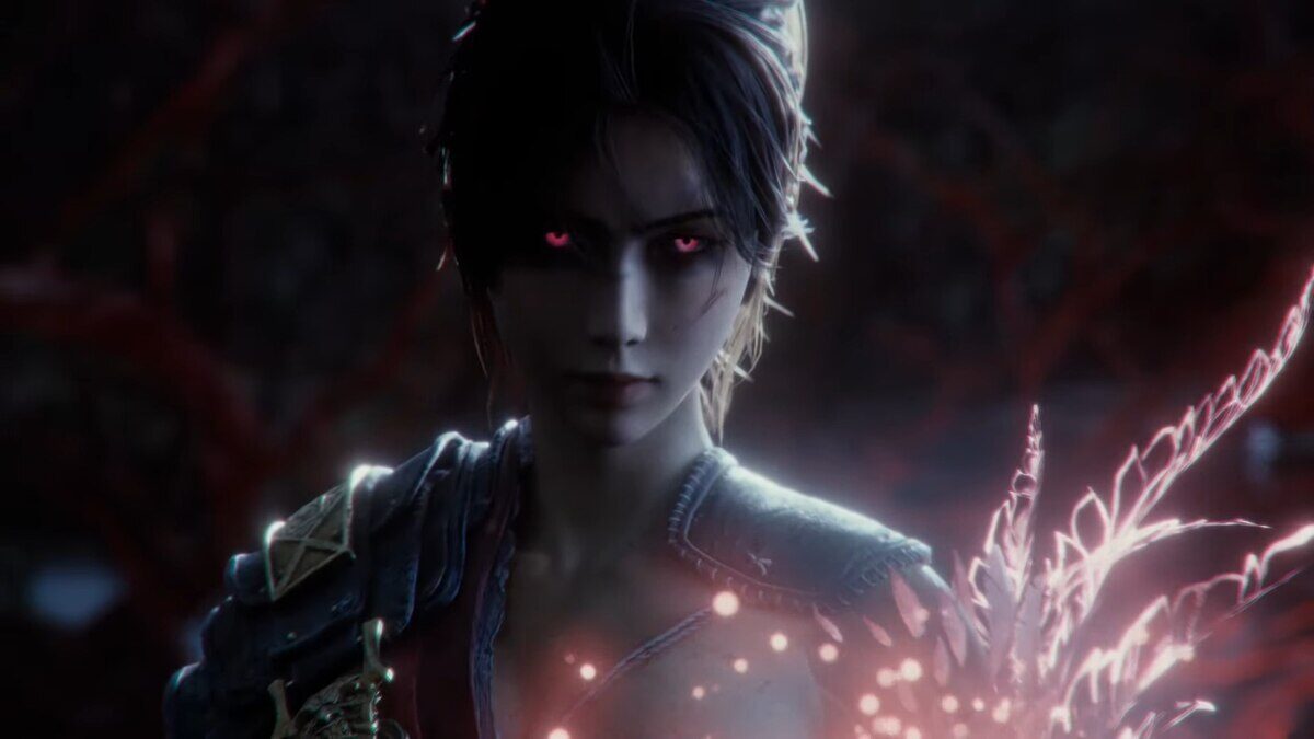Personaje del videojuego Wuchang: Fallen Feathers con ojos brillantes y detalles oscuros